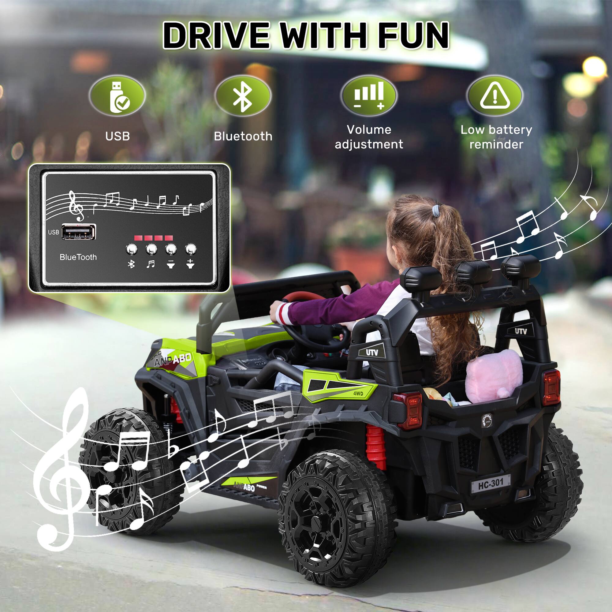 DRIVE WITH FUN

USB
Bluetooth
Volume adjustment
Low battery reminder

UTV
4WD
ANTABO POWER
HC-301