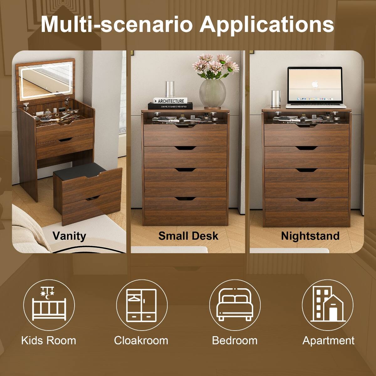 Multi-scenario Applications

- Vanity
- Small Desk
- Nightstand
- Kids Room
- Cloakroom
- Bedroom
- Apartment