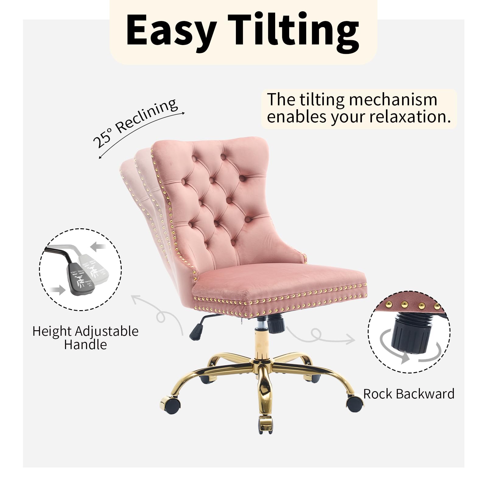 Easy Tilting

The tilting mechanism enables your relaxation.

25° Reclining

Height Adjustable Handle

Rock Backward