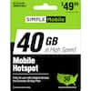 The text on the image reads: "4G LTE & 5G COMPATIBLE $ 99 $49.99 Plus taxes and fees SIMPLE Mobile 40 GB at High Speed* Mobile Hotspot Only for use with hotspot devices 5G No-Contract 30-Day Plan Network See back of card for details. Image does not depict coverage."
