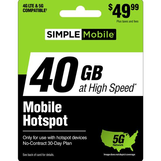 Simple Mobile $49.99 Mobile Hotspot 40GB 30-Day Plan (Email