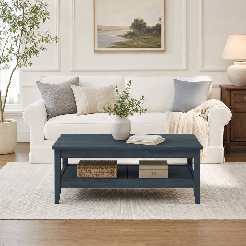 Angle. WELLFOR - Farmhouse Coffee Table with Thickened Tabletop & Storage Shelf, 2-Tier Rectangular Center Table for Living Room - Blue.