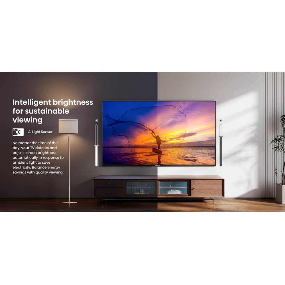 Intelligent brightness for sustainable viewing

AI Light Sensor

No matter the time of the day, your TV detects and adjust screen brightness automatically in response to ambient light to save electricity. Balance energy savings with quality viewing.