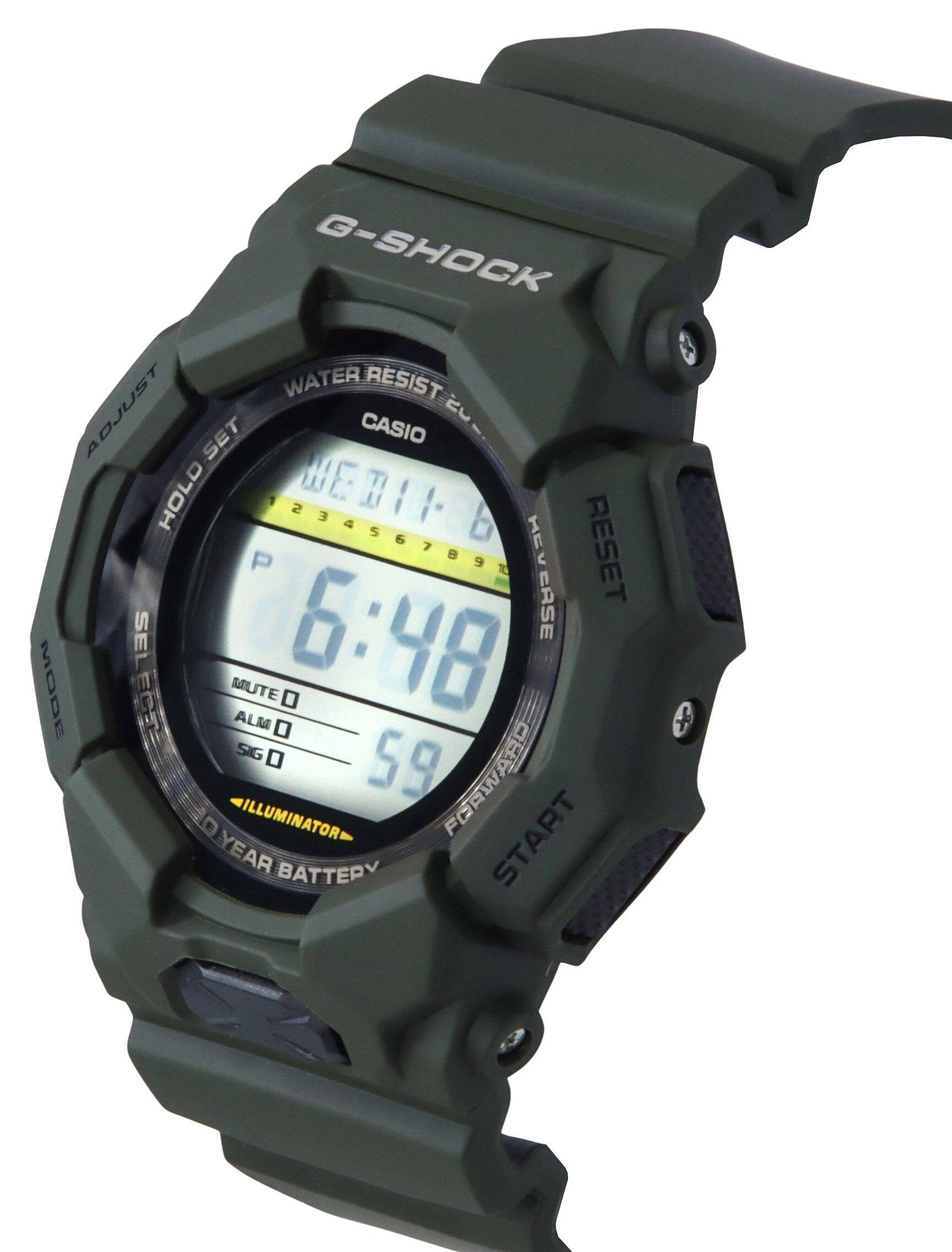G-SHOCK WATER RESIST ADJUST SET CASIO HOLD 12345678910 I P HEVERSE ERSE RESET MODE ECTS SEL MUTE ALM 6:48 SIG 59 FORWARD ILLUMINATOR START YEAR BATTERY