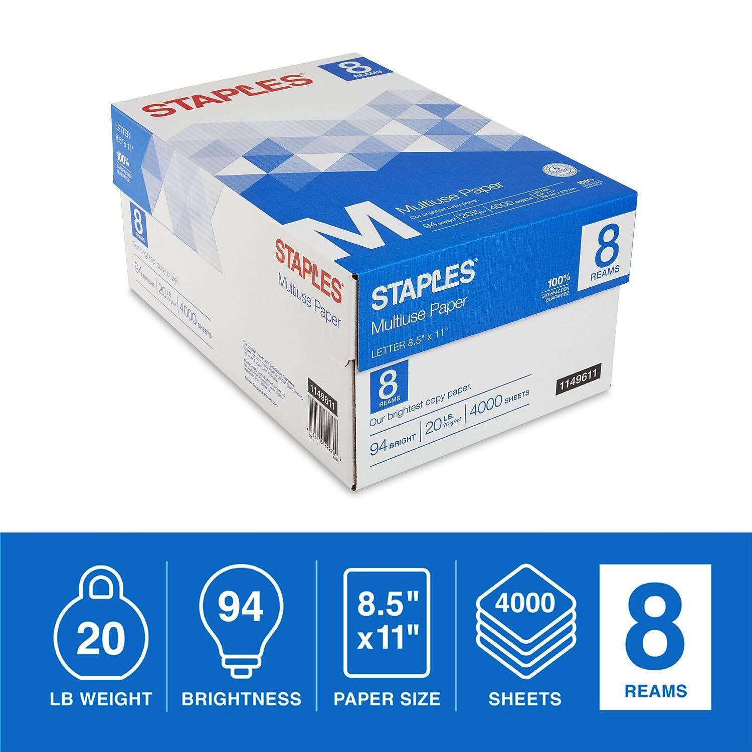 - **Brand:** STAPLES
- **Product:** Multifuse Paper
- **Size:** 8.5" x 11" (Letter)
- **Weight:** 20 LB
- **Brightness:** 94
- **Sheets per Ream:** 4000
- **Number of Reams:** 8
- **Total Sheets:** 32000
- **Brightness:** 94
- **Paper Size:** 8.5" x 11"
- **Sheets:** 4000
- **Reams:** 8