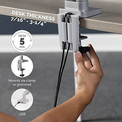 DESK THICKNESS  
7/16" - 3-1/4"  

Up to 5 min  

Mounts via clamp or grommet  

USB