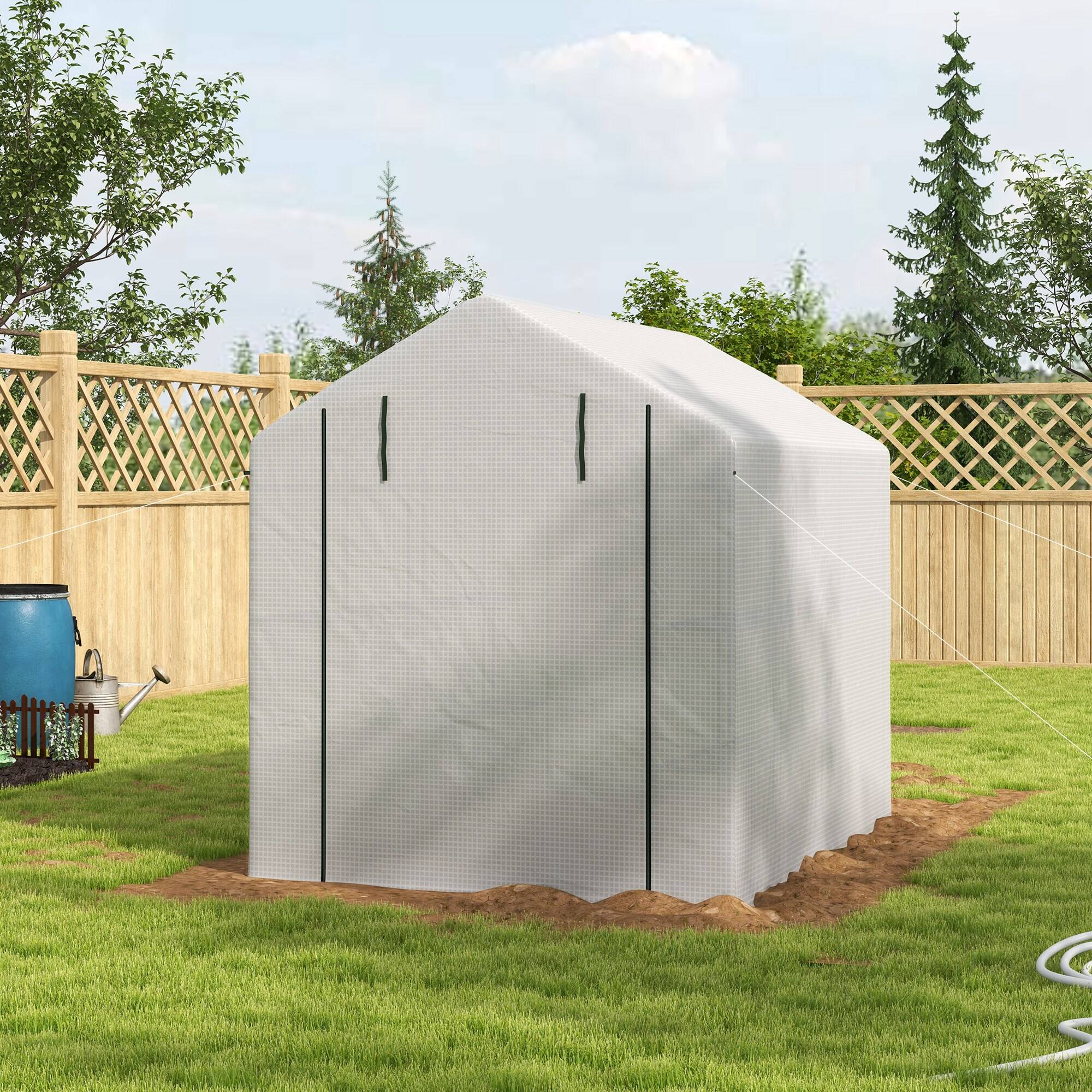 Alt View 1. Outsunny - 8' x 6' x 7' Walk-in Greenhouse, PE Cover, 4-Tier Shelves, Steel Frame Hot House, Roll-Up Zipper Door for Flowers.