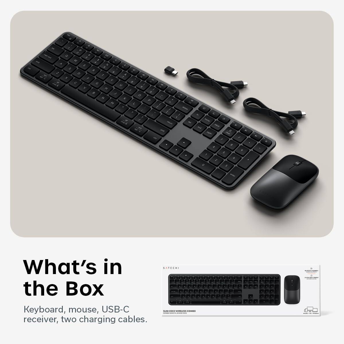 What's in the Box  
Keyboard, mouse, USB-C receiver, two charging cables.