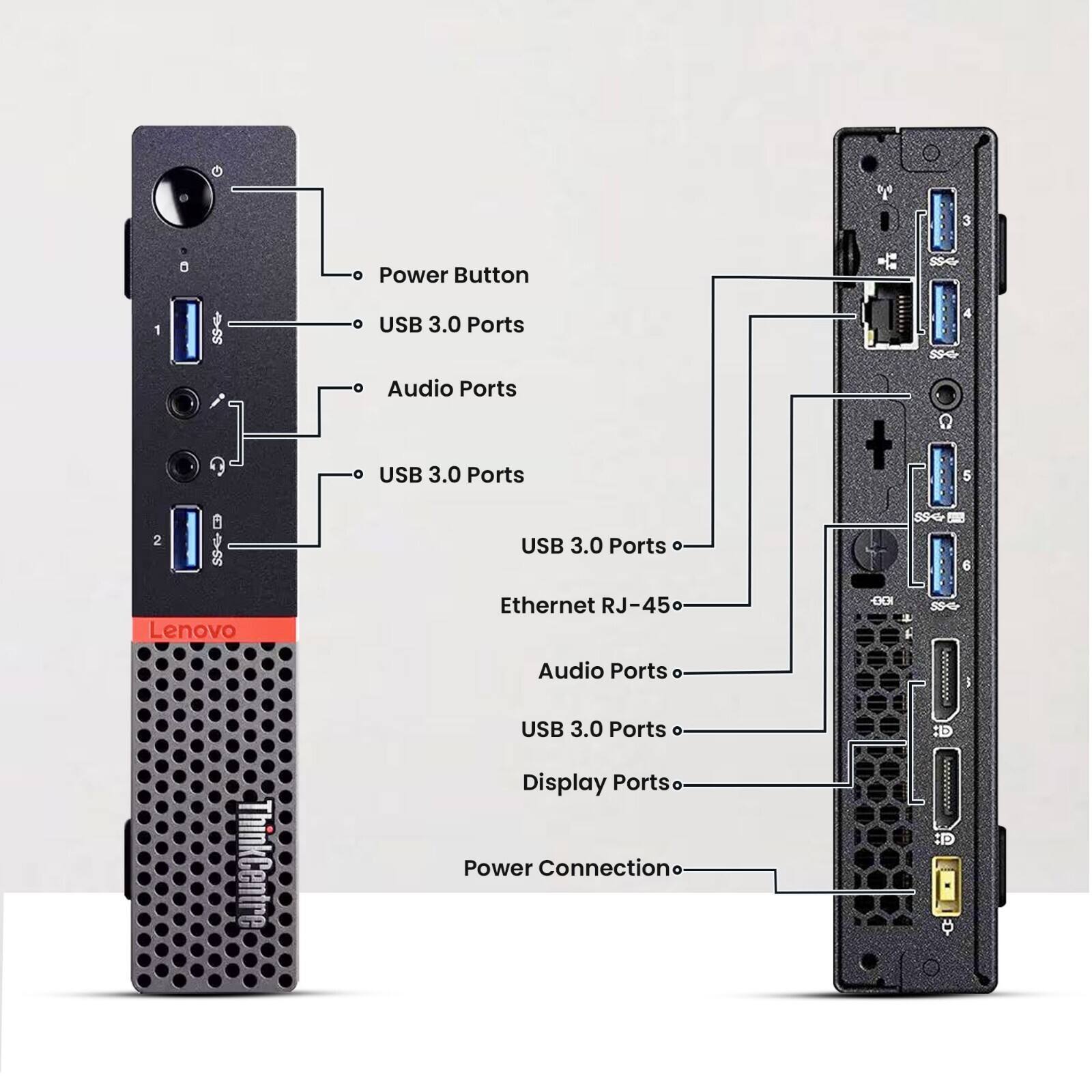 - Power Button
- USB 3.0 Ports
- Audio Ports
- USB 3.0 Ports
- USB 3.0 Ports
- Ethernet RJ-45
- Audio Ports
- USB 3.0 Ports
- Display Ports
- Power Connection