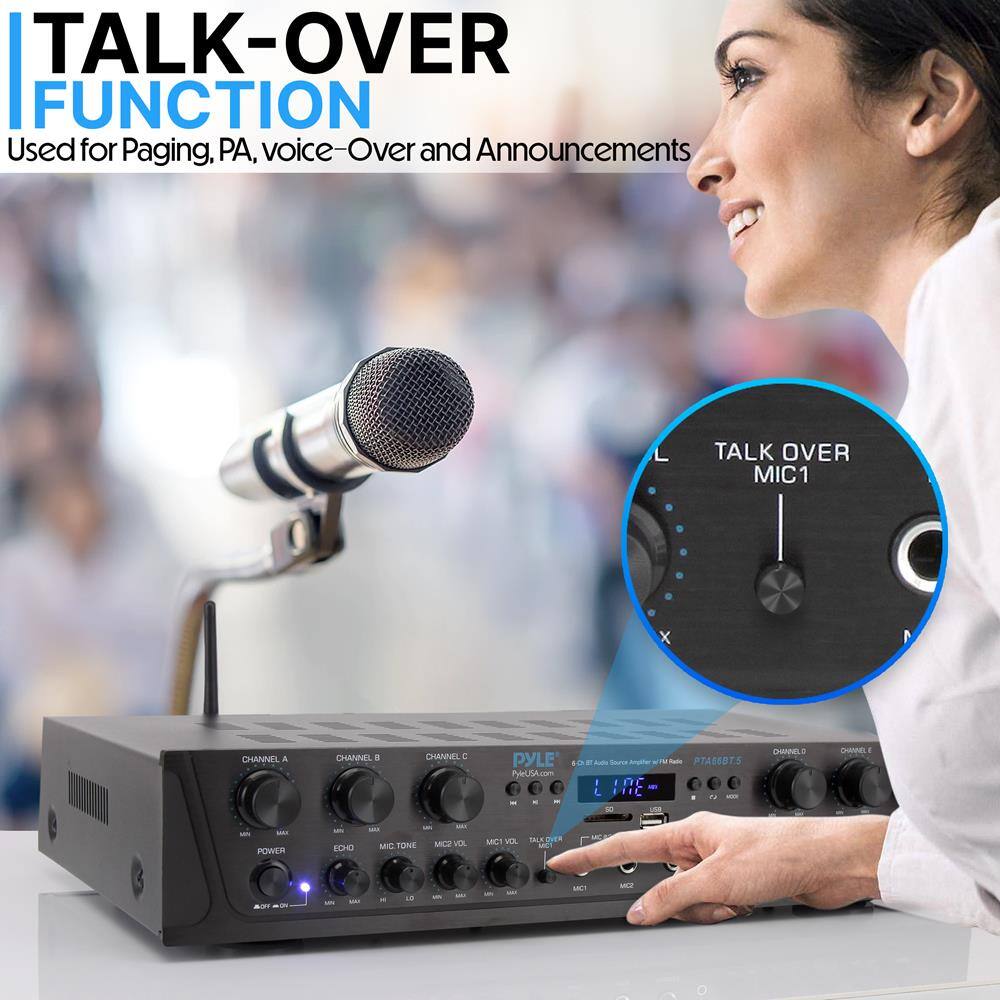 TALK-OVER FUNCTION  
Used for Paging, PA, voice-Over and Announcements  

TALK OVER MIC1  

PYLE  
PYLEUSA.com  

CHANNEL A  
CHANNEL B  
CHANNEL C  
CHANNEL D  
CHANNEL E  

MIC1  
MIC2  

POWER  
ECHO  
MIC TONE  
MIC VOL  

TALK OVER  
MIC1  

PTABE8TS