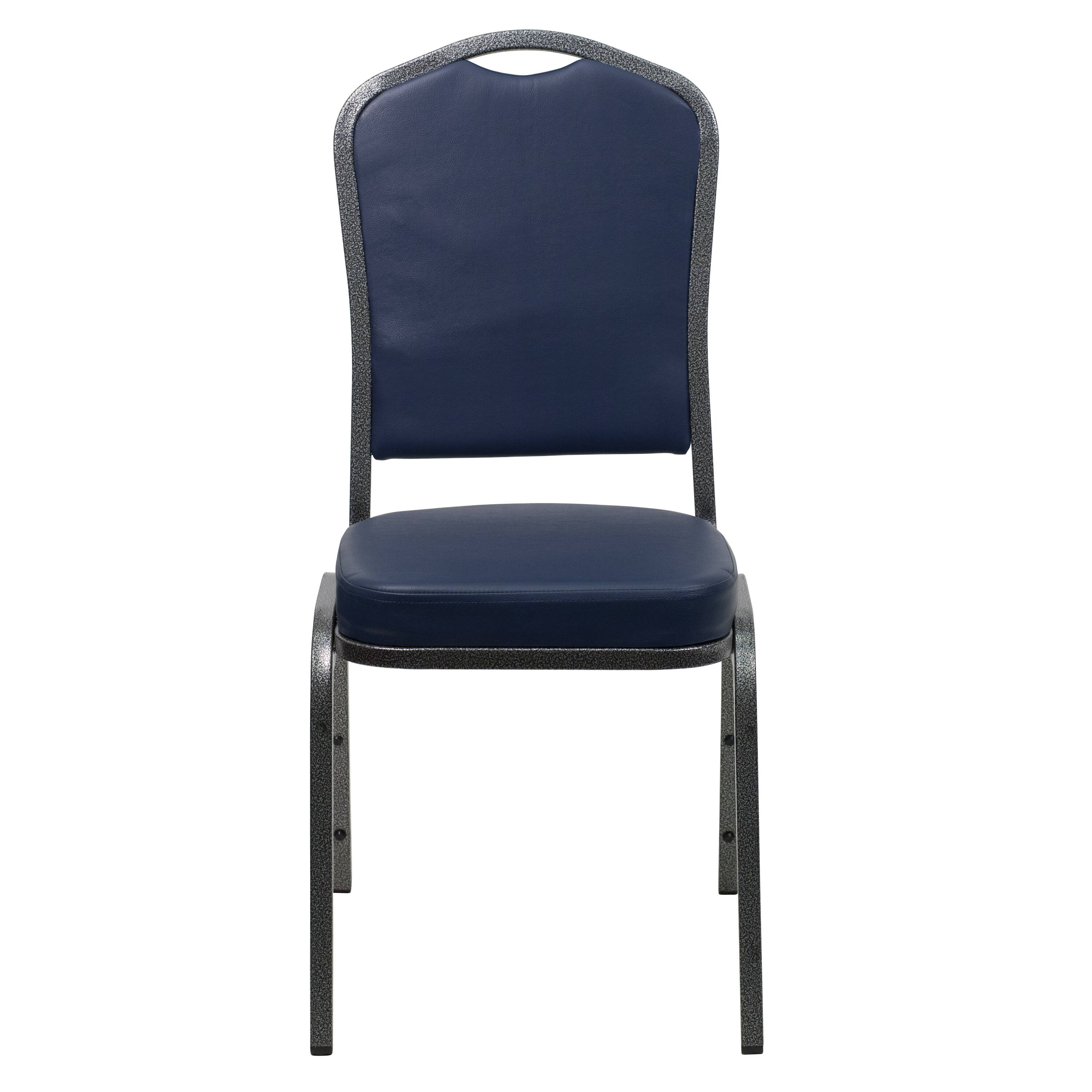 Alt View 8. Emma + Oliver - 4 Pack Crown Back Stacking Banquet Chair - Navy Vinyl/Silver Vein Frame.