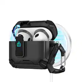 UUCOVER - For Airpods 4/5th Gen Magnetic Automatic Safety Lock Case with Phone Stand and Carabiner, Compatible with Magsafe Cover - Black