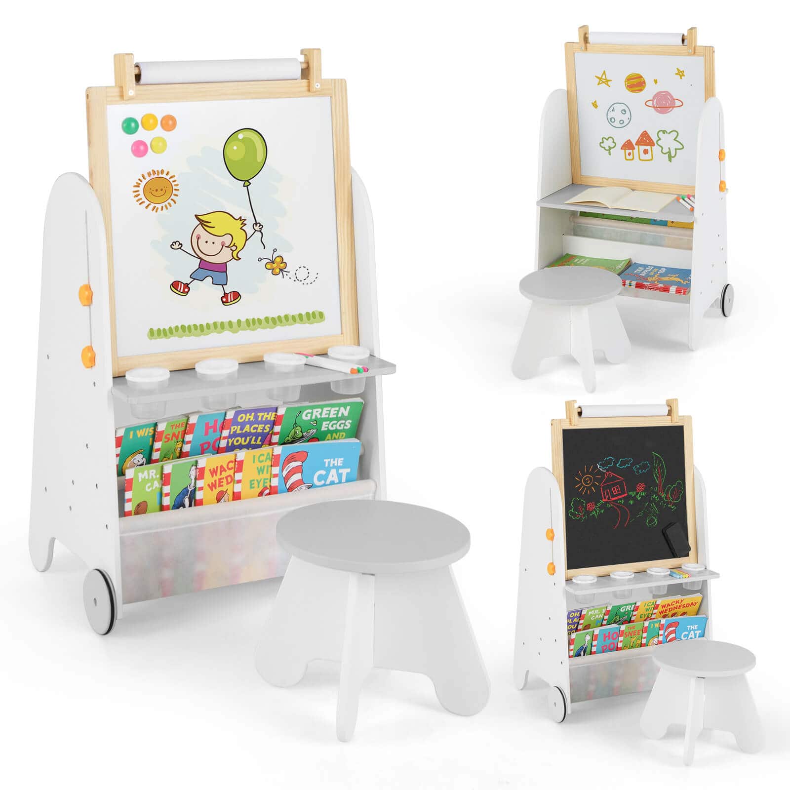 Costway - 4-in-1 Kids Art Easel with Stool with Magnetic Whiteboard Chalkboard & Paper Roll - Gray