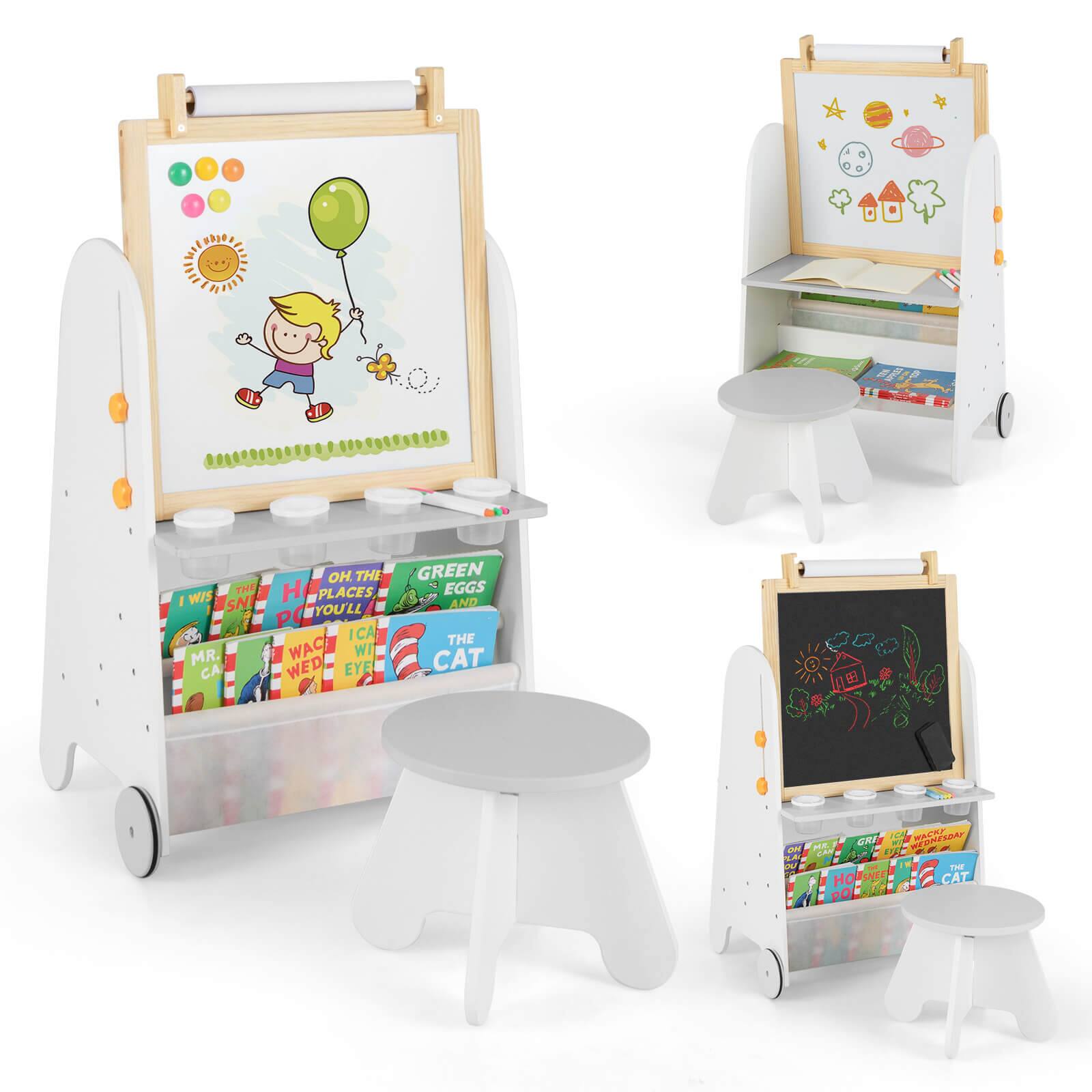 Costway - 4-in-1 Kids Art Easel with Stool with Magnetic Whiteboard Chalkboard & Paper Roll - Gray