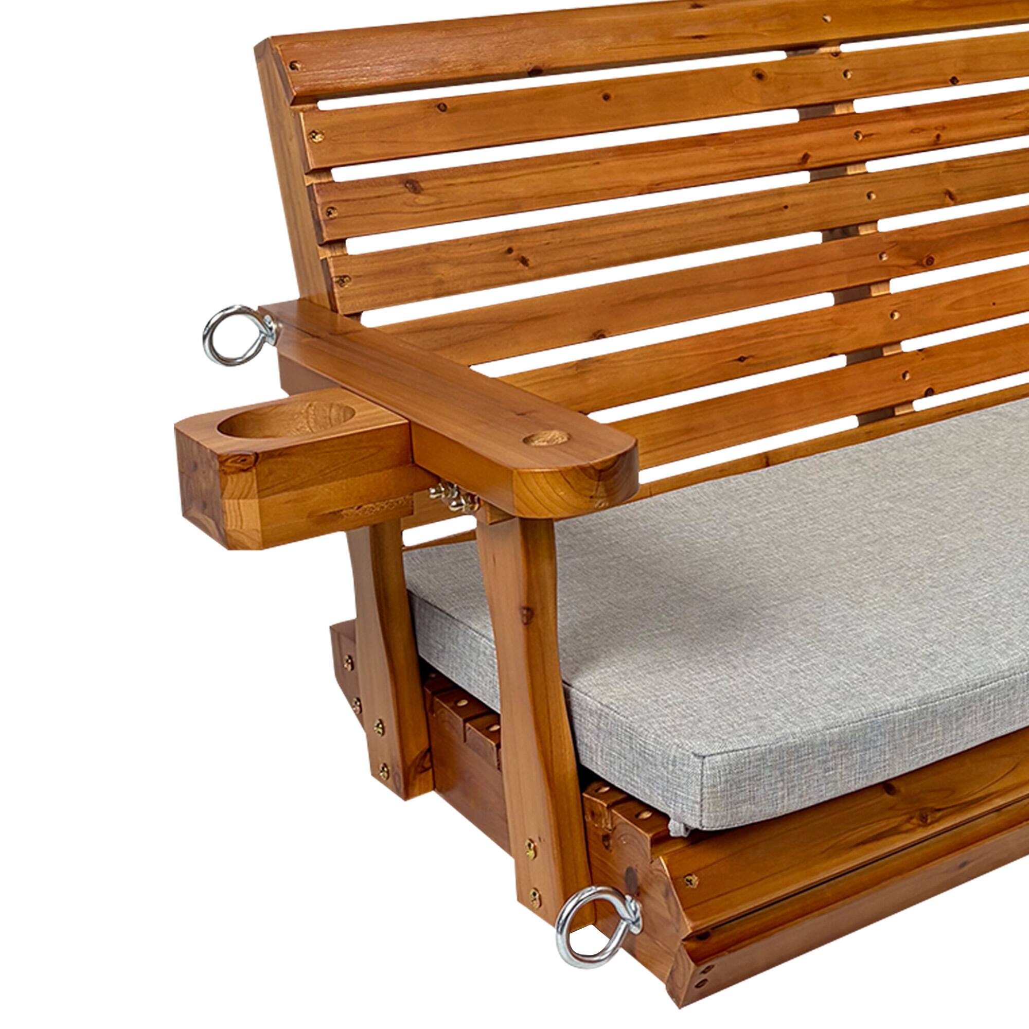 Alt View 4. Fortune Candy - Outdoor Wooden Porch Swing, 5 FT Patio Hanging Bench with Cushion, Heavy Duty 880 LBS, Weather-Resistant for Backyard - Teak Tone.