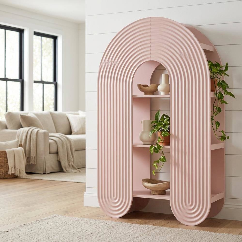Angle. FurniFact - Red arched bookshelf with spacious shelves and nylon accents - Pink.