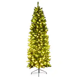 Costway - 7Ft Pre-lit Artificial Pencil Christmas Tree Hinged Fir PVC Tree /350 LED Lights - Green