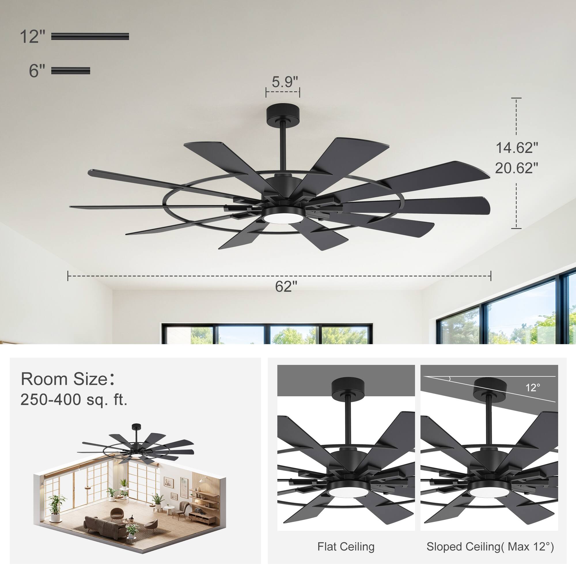 12" 6" 5.9"  
14.62" 20.62" 62"  
Room Size: 250-400 sq. ft.  
Flat Ceiling Sloped Ceiling (Max 12)