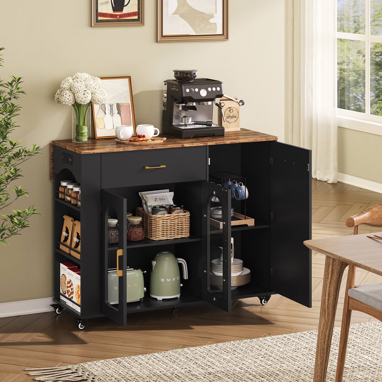 Bestier Kitchen Island Cart with Storage Cabinet LED Lights Power ...