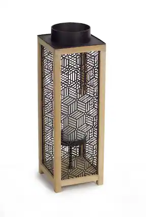 Front. Melrose - 21” Contemporary Wooden and Black Metal Decorative Candle Lanterns - Brown.