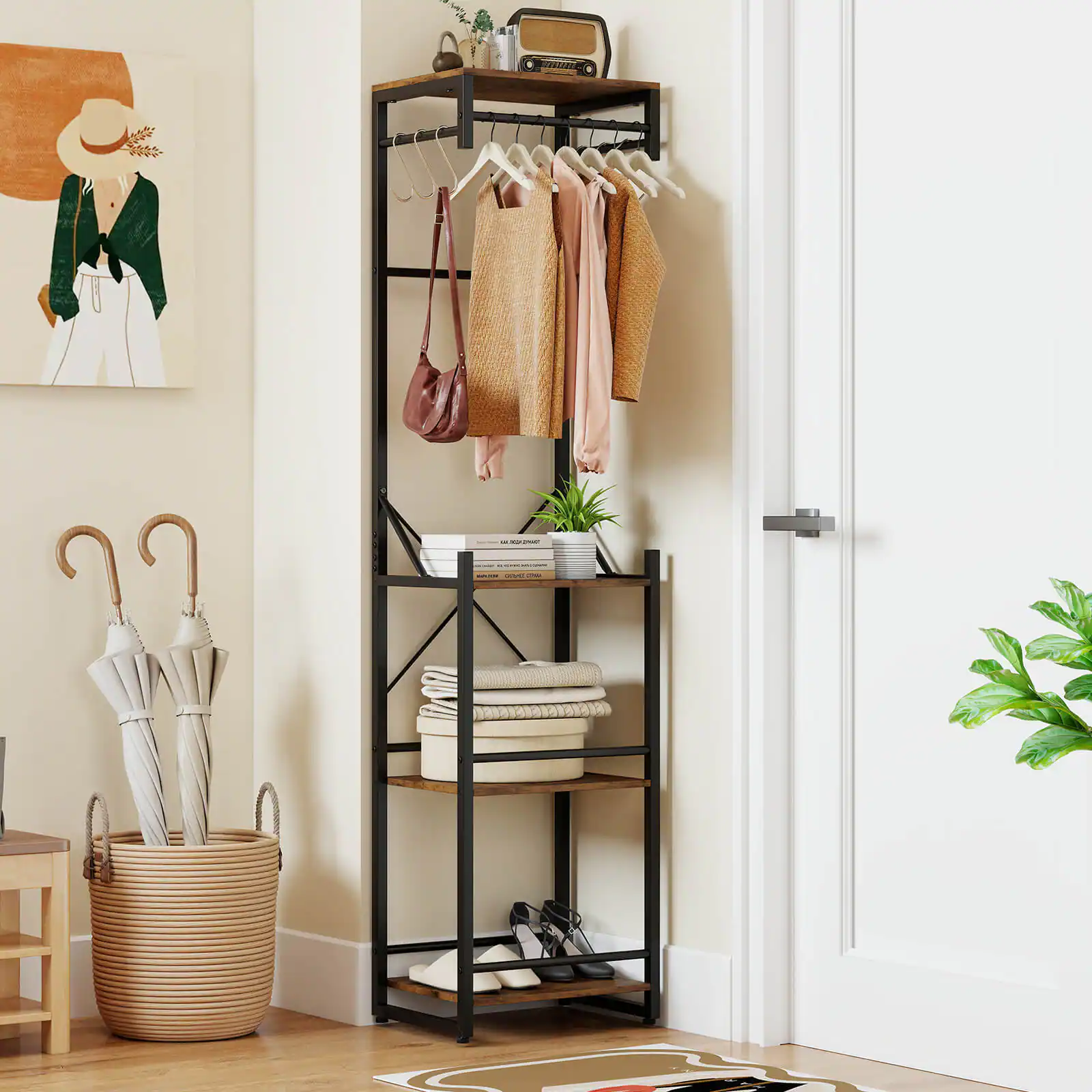 Alt View 4. Costway - Costway Freestanding Coat Rack with 4 Storage Shelves 6 Hooks & 3 Hanging Rods for Entryway - Brown.