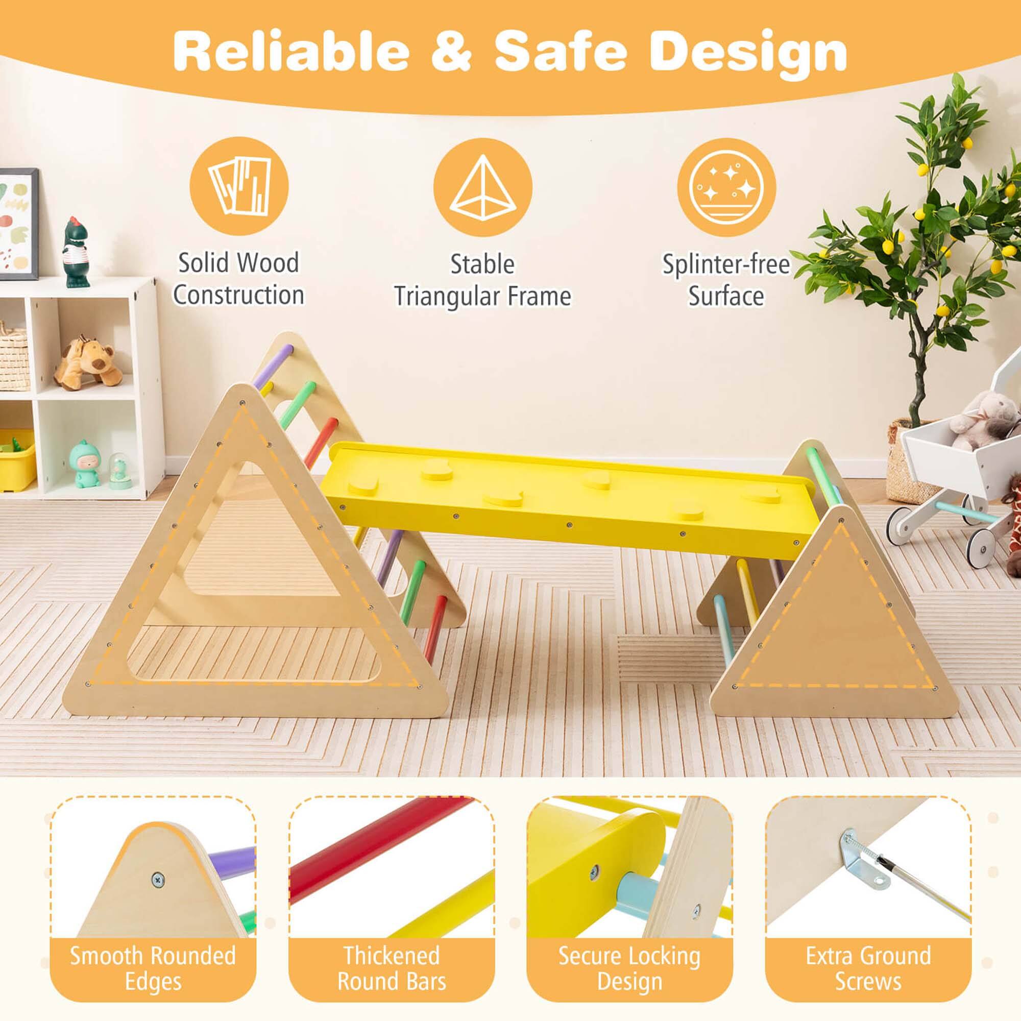 Reliable & Safe Design

Solid Wood Construction
Stable Triangular Frame
Splinter-free Surface
Smooth Rounded Edges
Thickened Round Bars
Secure Locking Design
Extra Ground Screws