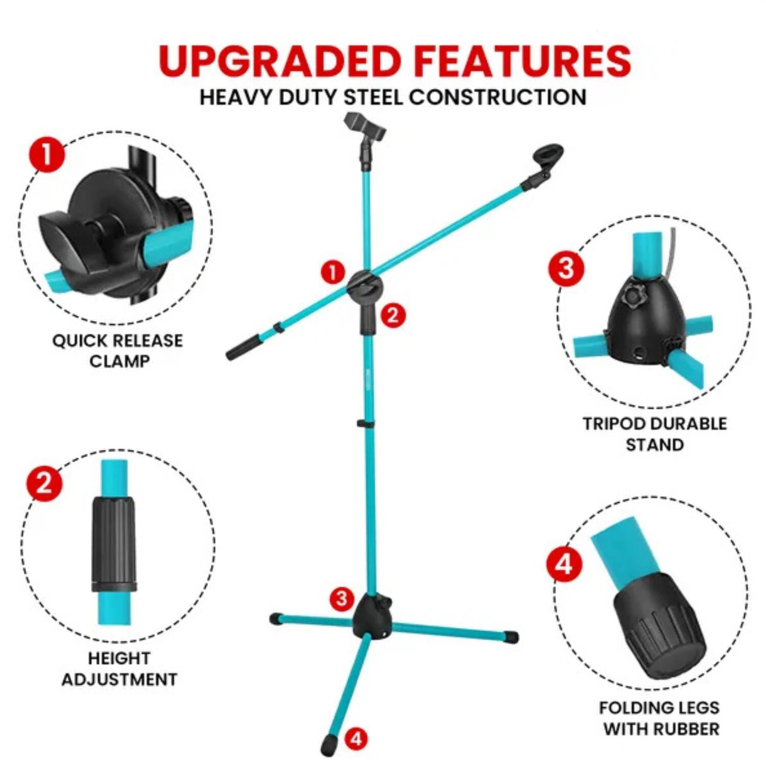 UPGRADED FEATURES  
HEAVY DUTY STEEL CONSTRUCTION  

1. QUICK RELEASE CLAMP  
2. HEIGHT ADJUSTMENT  
3. TRIPOD DURABLE STAND  
4. FOLDING LEGS WITH RUBBER