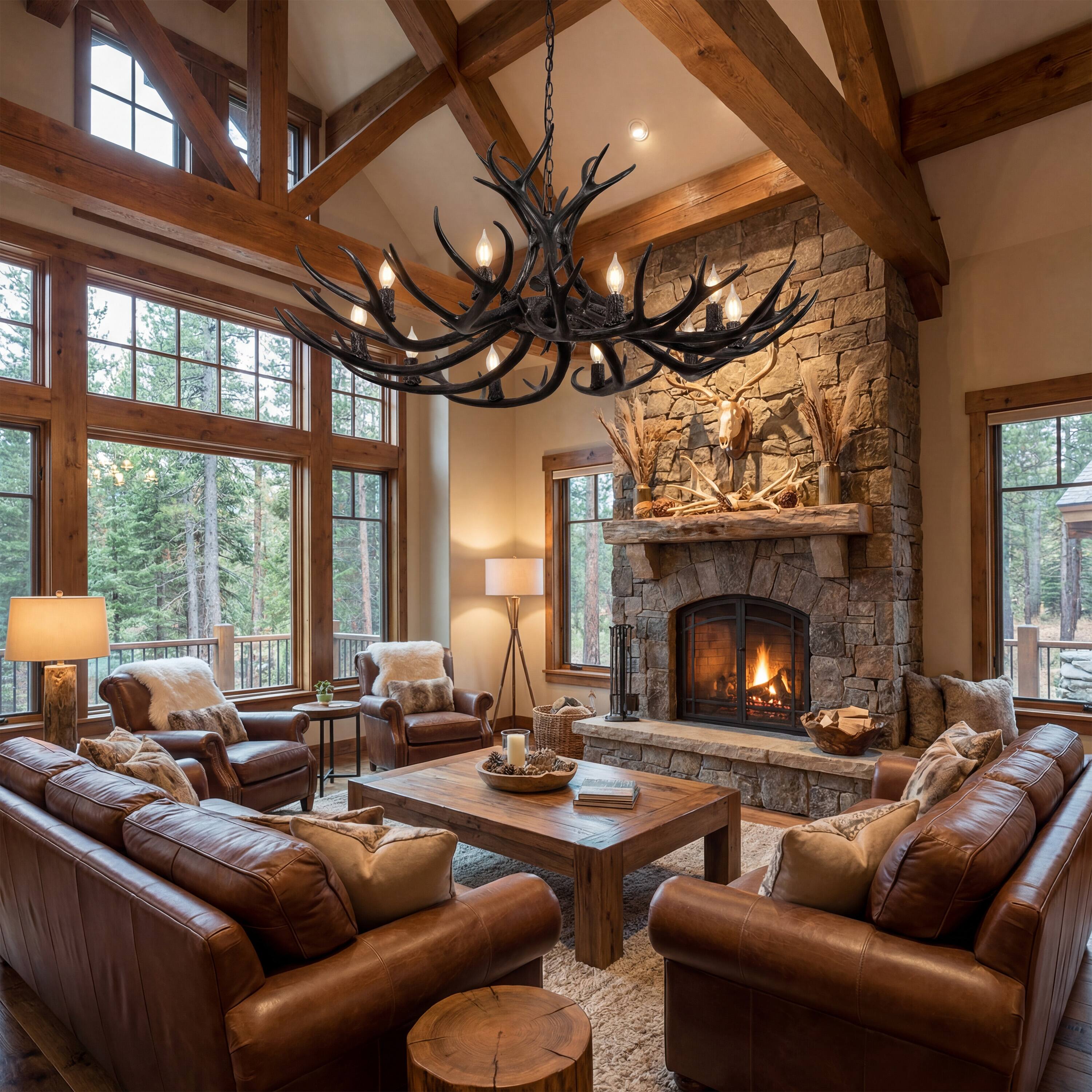 Alt View 9. Jonathan Y - Eldora 49" 10-Light Rustic Farmhouse Adjustable Resin Antler LED Chandelier, Black - Black.