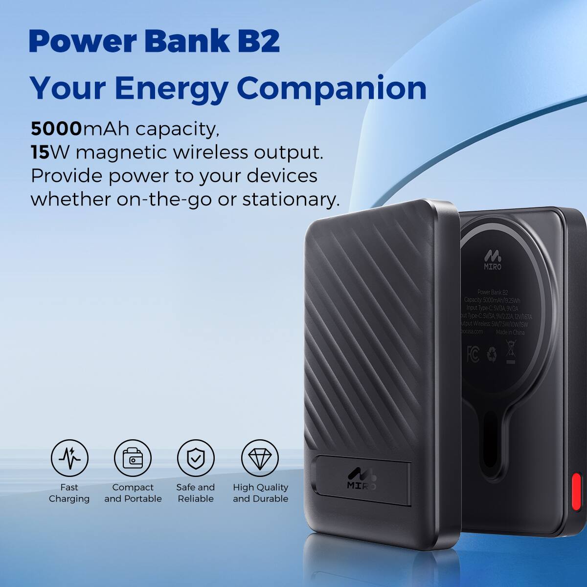 Miro B2 Power Bank 5000mAh Magnetic Wireless Portable Charger, 15W Fast ...
