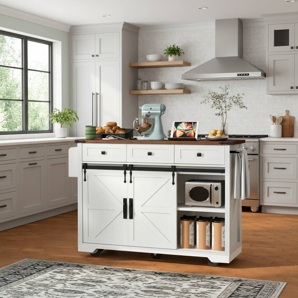 Alt View 1. Forest'nSky - 53.7" White Farmhouse Kitchen Cart on Wheels with Power Strip, Barn Door Storage - White.