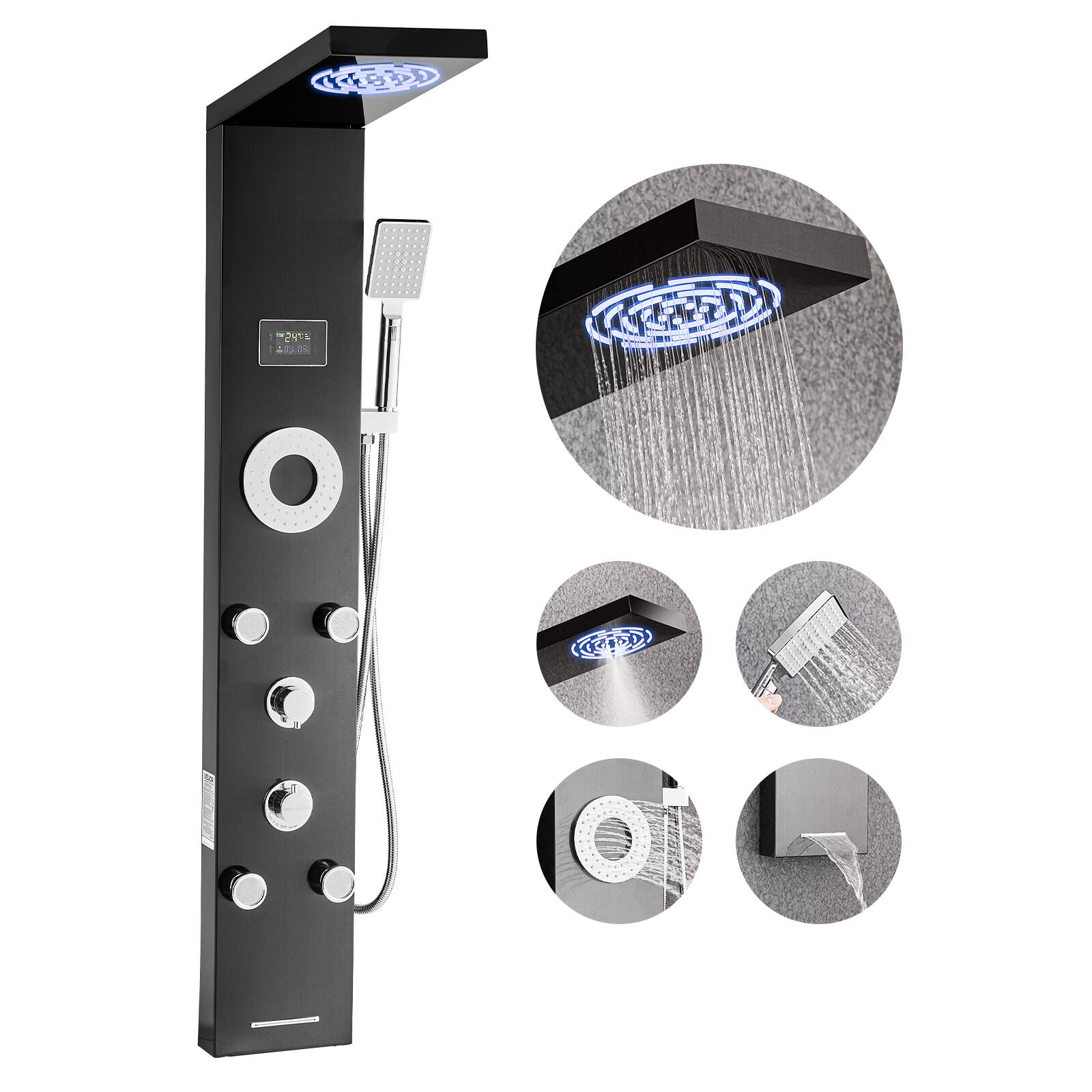 Front. VEVOR - Shower Panel Tower System with Rainfall Shower Head, LED, 53 in Brushed Stainless Steel Shower Column, 6-Function Faucet - Black.