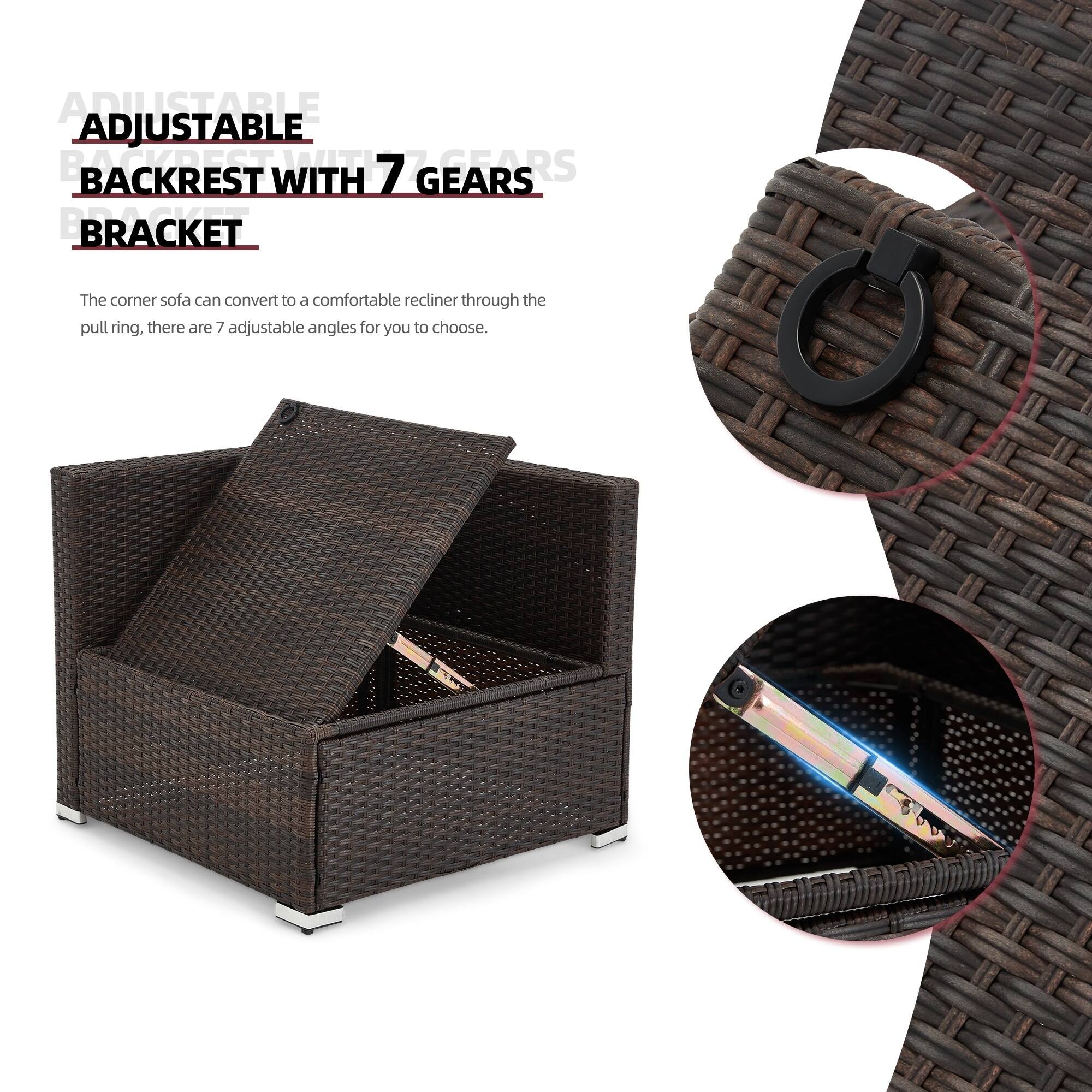 ADJUSTABLE BACKREST WITH 7 GEARS BRACKET

The corner sofa can convert to a comfortable recliner through the pull ring, there are 7 adjustable angles for you to choose.