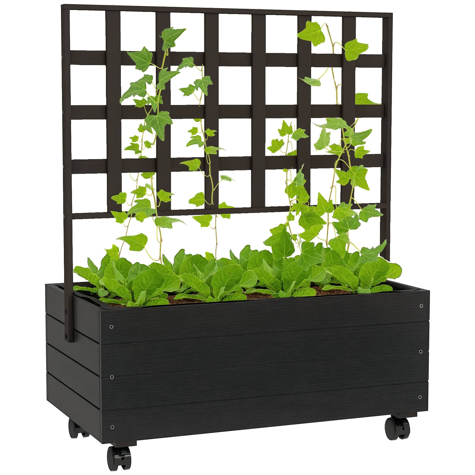 Outsunny - Raised Garden Bed with Trellis and Wheels, Outdoor Wooden Elevated Planter Box - Black