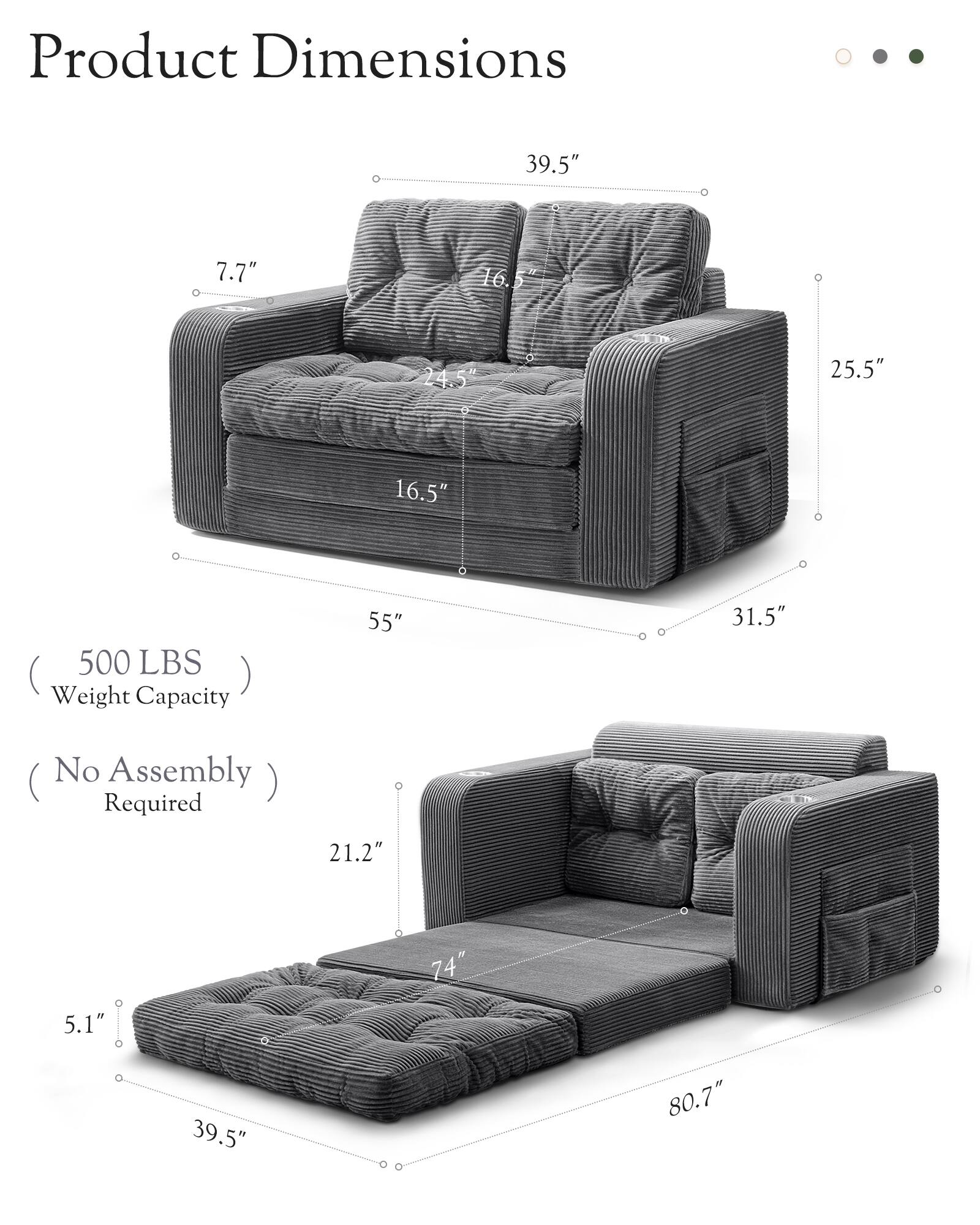 Product Dimensions: 39.5" x 7.7" x 16.5" x 24.5" x 25.5" x 31.5" x 55" x 80.7" x 74" x 21.2" x 5.1" x 39.5"

Weight Capacity: 500 LBS

No Assembly Required