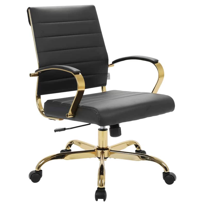 Front. LeisureMod - 30 PCS Benmar Swivel Ergonomic Leather Office Chair with Gold Accents and Adjustable Height for Home Office - Black.
