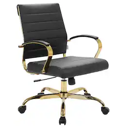 LeisureMod - Benmar Leather Office Chair with Gold Accents, Adjustable Height, Swivel, Ergonomic Design for Home Office or Workspace - Black