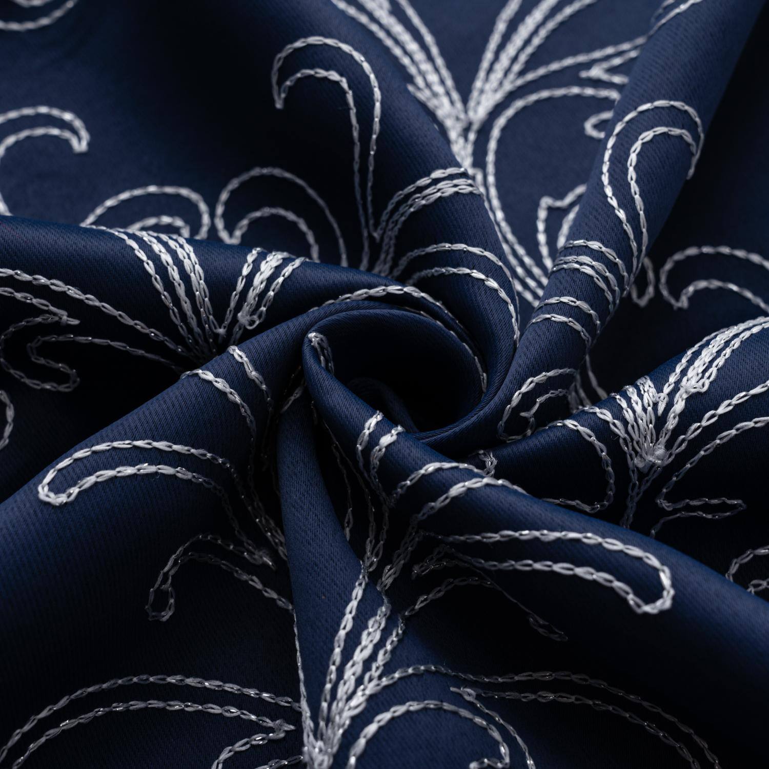Left. RT Designers Collection - RT Designer Collection Kimber Embroidered Blackout Luxurious Decorative Grommet Curtain Panel 54" x 84" Navy - Navy Blue.