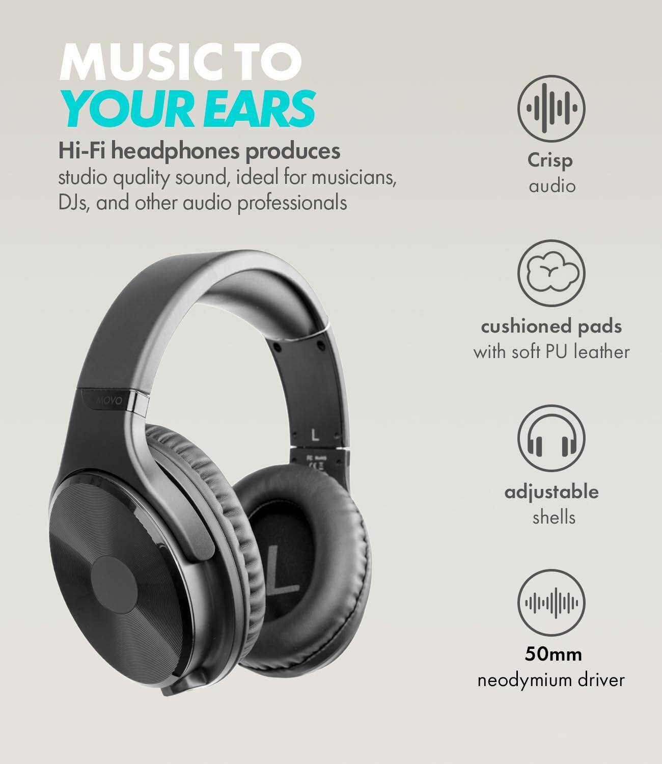 MUSIC TO YOUR EARS

Hi-Fi headphones produce studio quality sound, ideal for musicians, DJs, and other audio professionals

- Crisp audio
- cushioned pads with soft PU leather
- adjustable shells
- 50mm neodymium driver