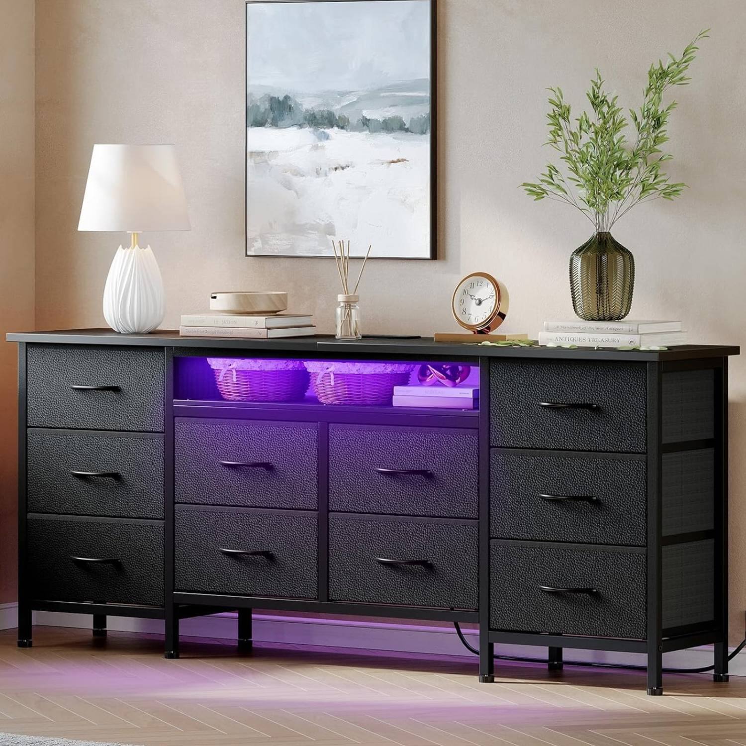 Acekool - 63 Inch Long Dresser TV Stand with 10 Fabric Drawers for 65-75 Inch TVs - Black