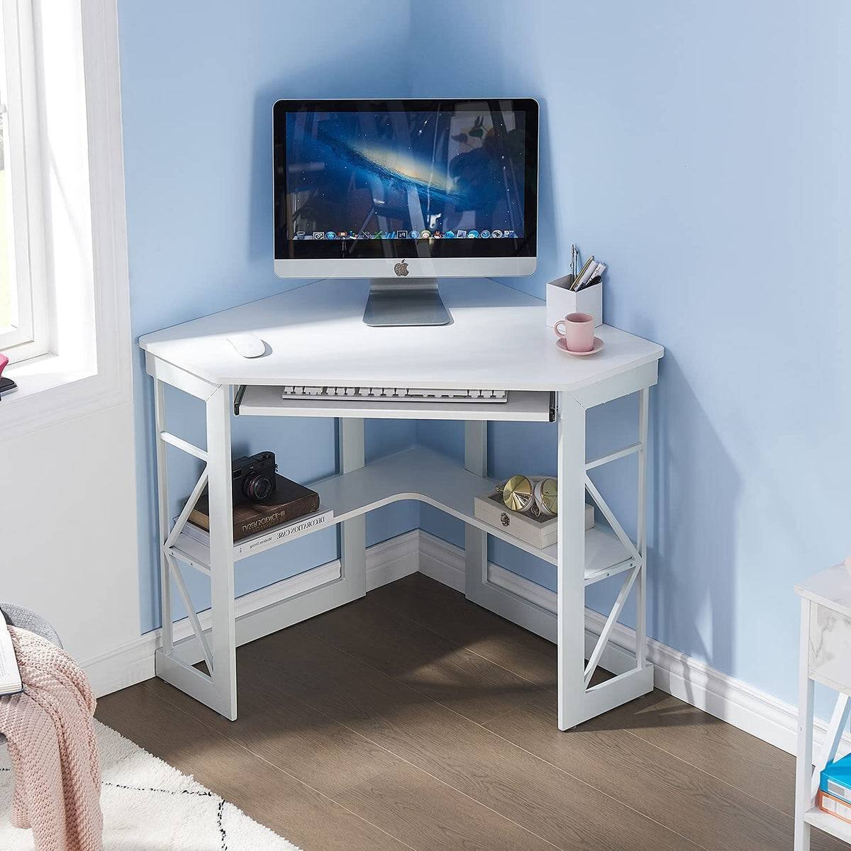 Angle. SlickBlue - Compact Corner Computer Desk with Shelf Storage and Keyboard Tray - White.