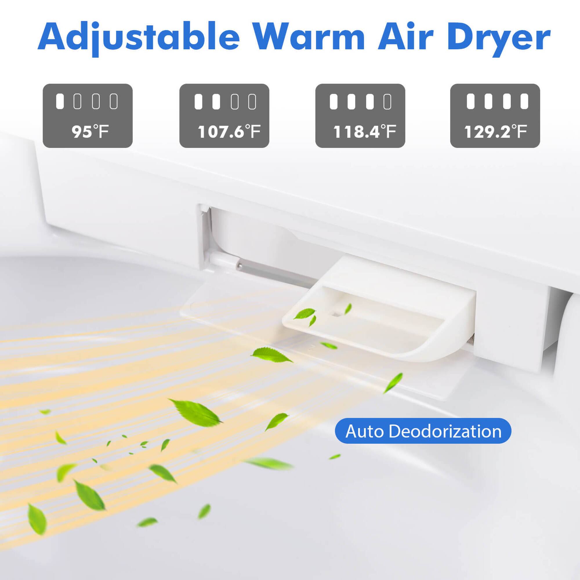 Adjustable Warm Air Dryer: 000, 95F, 107.6F, 118.4F, 129.2F Auto Deodorization.