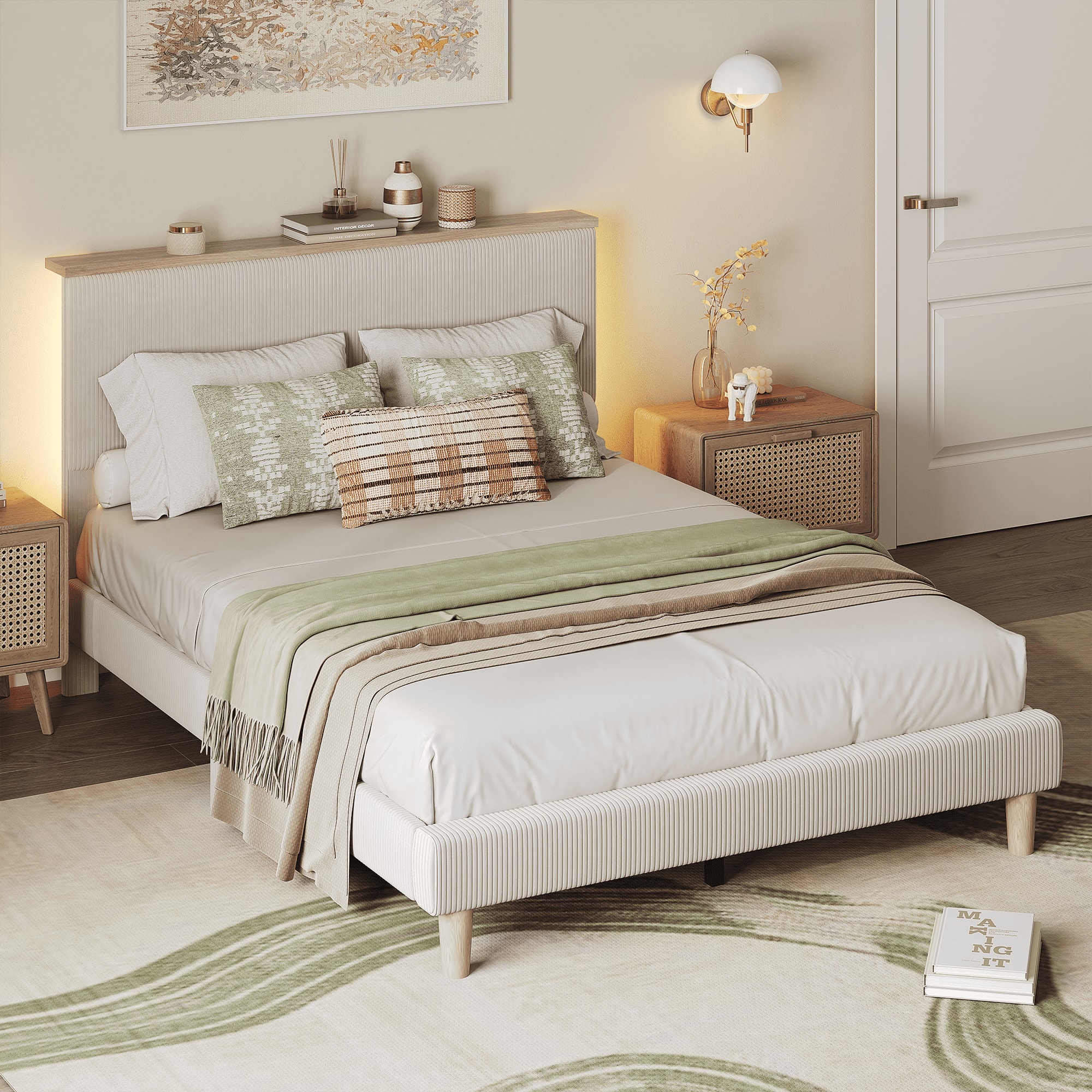 Front. Bestier - Twin Size Upholstered Platform Bed Frame with LED Lighting and Adjustable Storage Headboard for Bedroom - Beige.