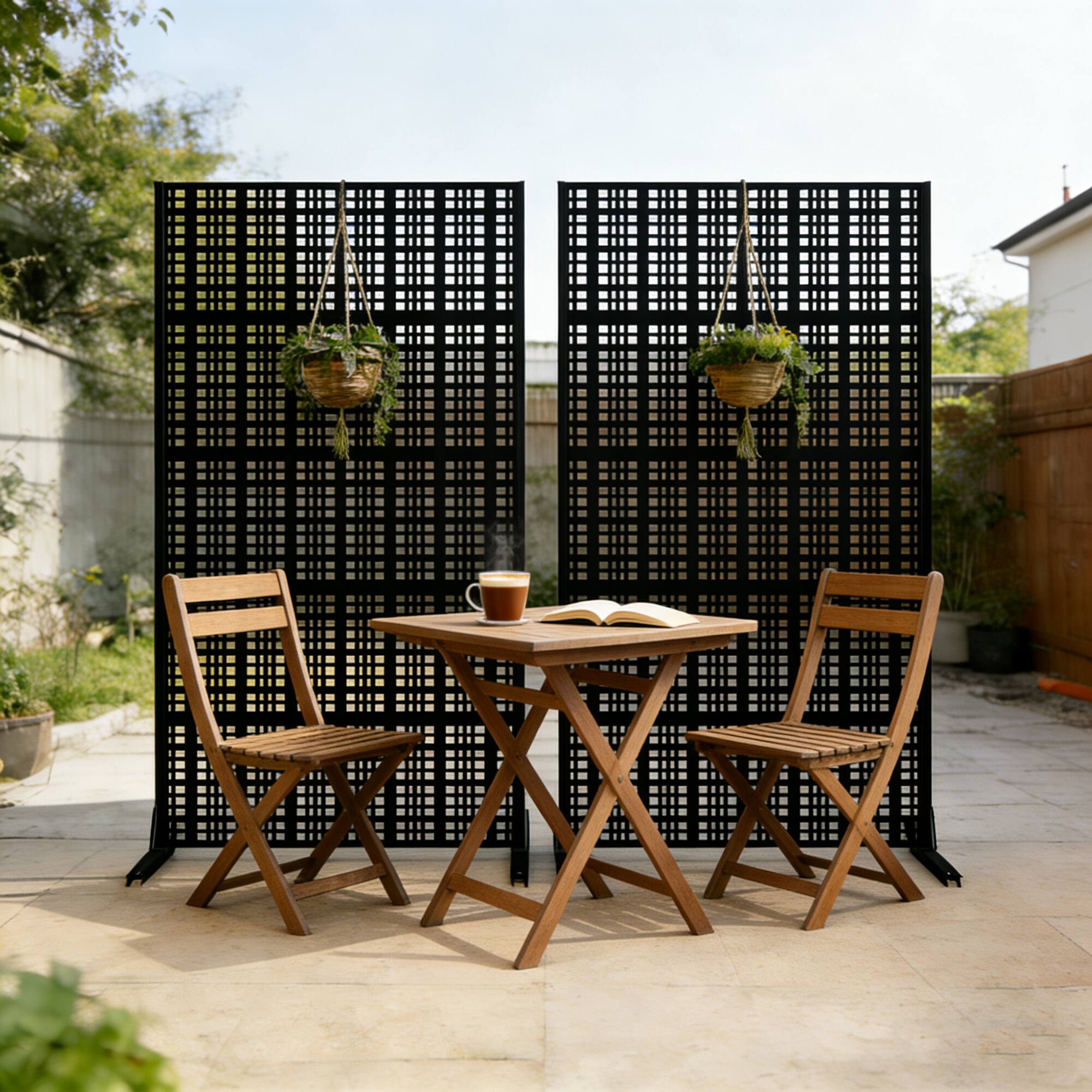 Alt View 1. Loheer - Freestanding Metal Privacy Screen 6 ft x 3.61 ft Decorative Room Divider for Patio Balcony Garden - Black.