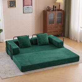 Trinkets Crazed - Convertible Floor Sofa Bed with Fixed-Shape Frame, Corduroy Boneless Sofa Folding Mattress Couch with Armrest - dark green