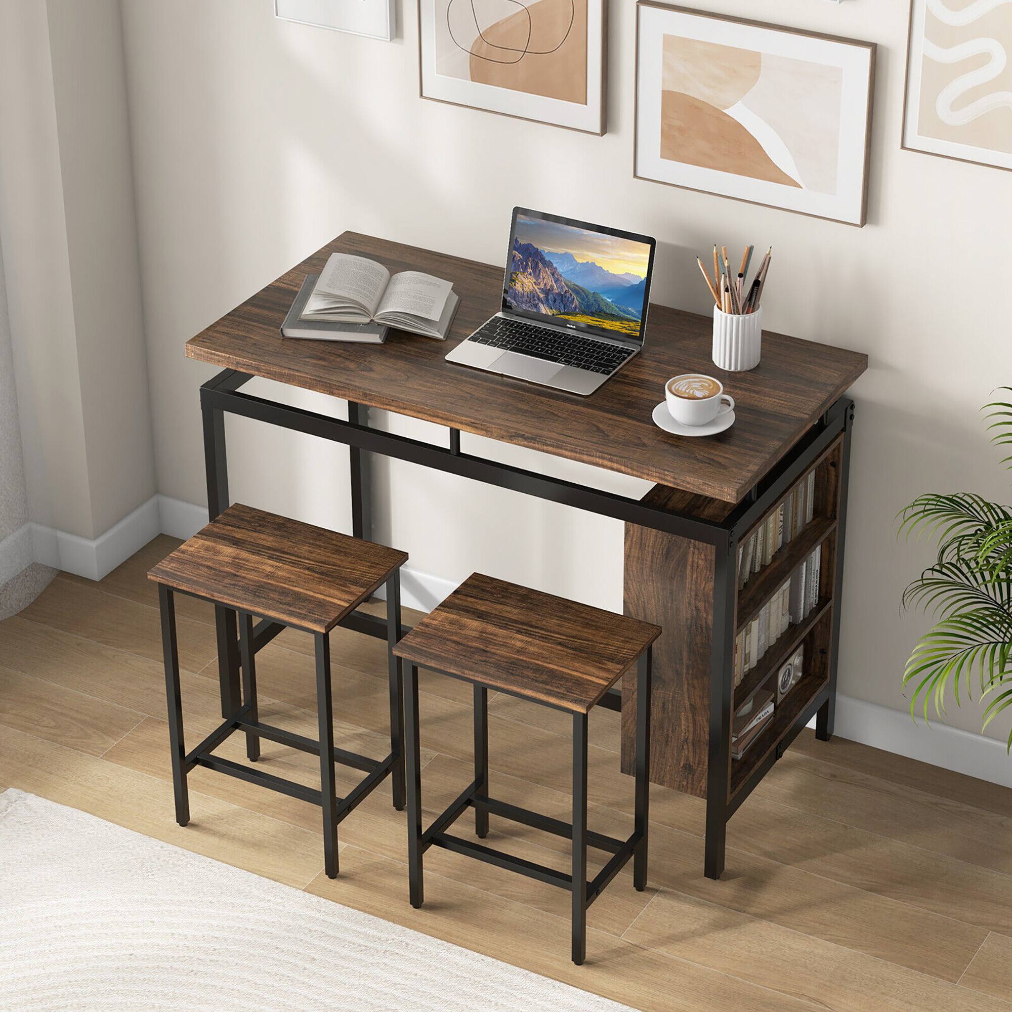 Alt View 4. Gymax - Gymax 3-Piece Dining Table Set Bistro Table & 2 Bar Stools w/ 3-Tier Storage Shelf - Brown, Black.