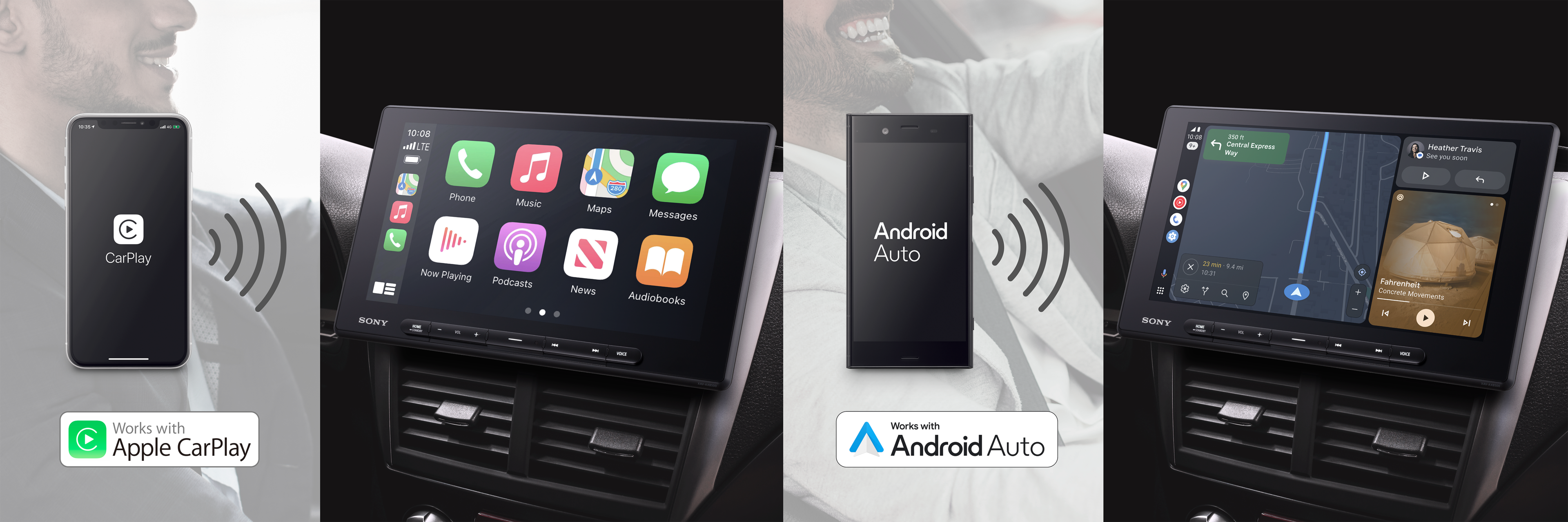 The text on the image is grouped and corrected as follows:

1. "CarPlay" - This refers to the Apple CarPlay feature, which allows users to control their iPhone through the car's infotainment system.
2. "Android Auto" - This refers to the Android Auto feature, which allows users to control their Android device through the car's infotainment system.
3. "Sony" - This refers to the Sony brand, which is associated with the car's infotainment system.
4. "Heather Francis" - This is a person's name, possibly related to the car or its features.
5. "Central Express" - This could be a reference to a specific car model or a location where the car is being used.
6. "10:08 HIELTE 4 Md" - This might be a reference to a specific time or location, but it is unclear without more context.
7. "3 Central Express -y Heather franis Ses - - CarPlay J SONY Phone Music Now Playing Podcasts Je Maps Messages N News Audiobooks" - This is a list of various features and functions that the car's infotainment system offers.
