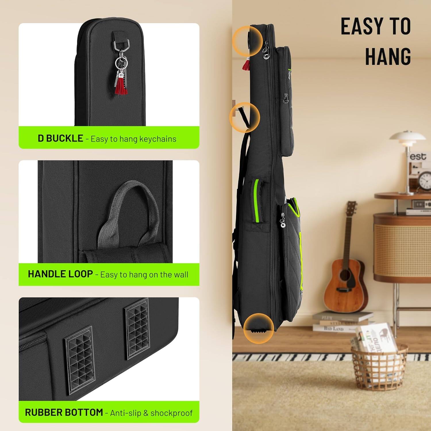 EASY TO HANG

- D BUCKLE - Easy to hang keychains
- HANDLE LOOP - Easy to hang on the wall
- RUBBER BOTTOM - Anti-slip & shockproof