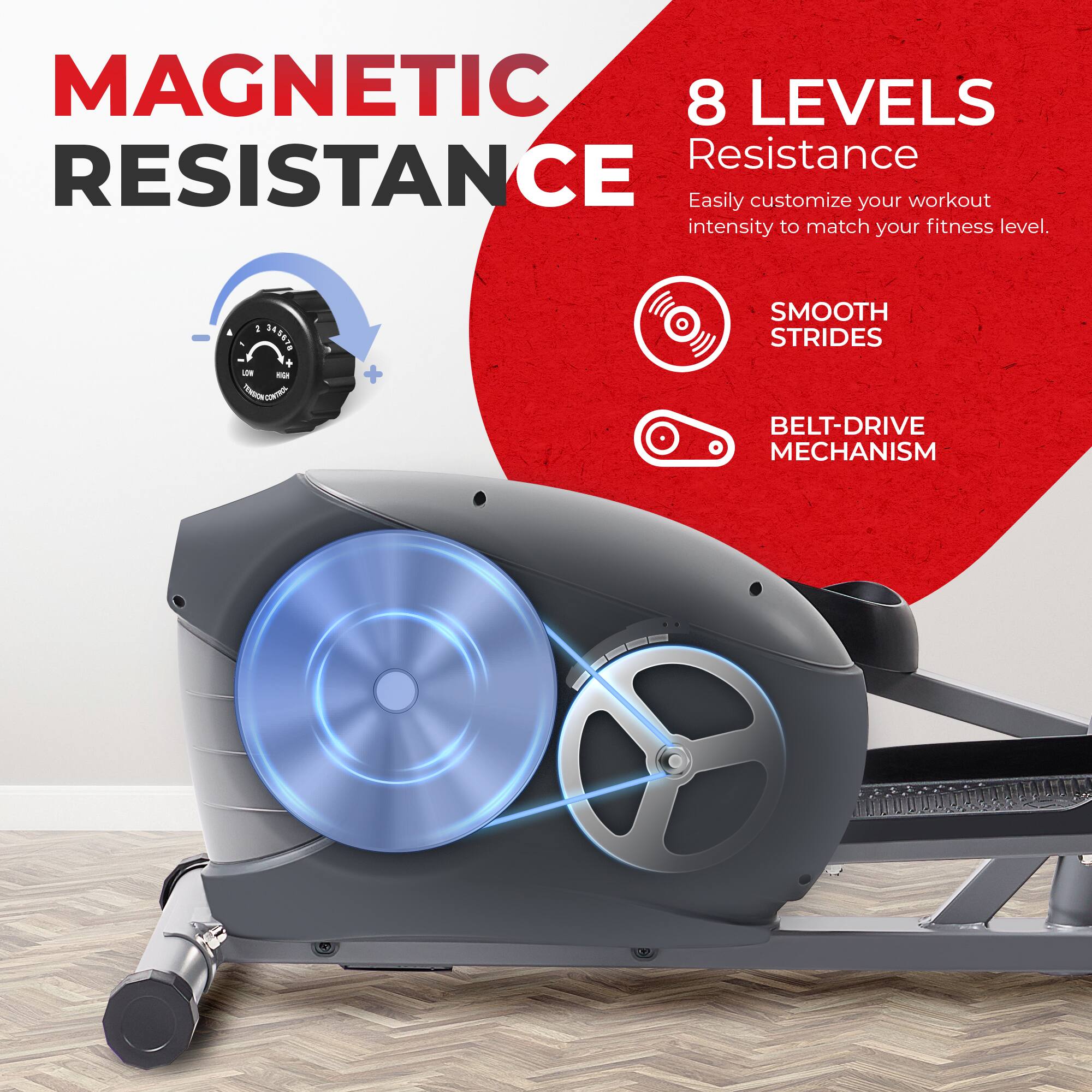 MAGNETIC RESISTANCE 8 LEVELS Resistance Easily customize your workout intensity to match your fitness level. 1 BTD80E -e - ISLON + SMOOTH STRIDES BELT-DRIVE MECHANISM