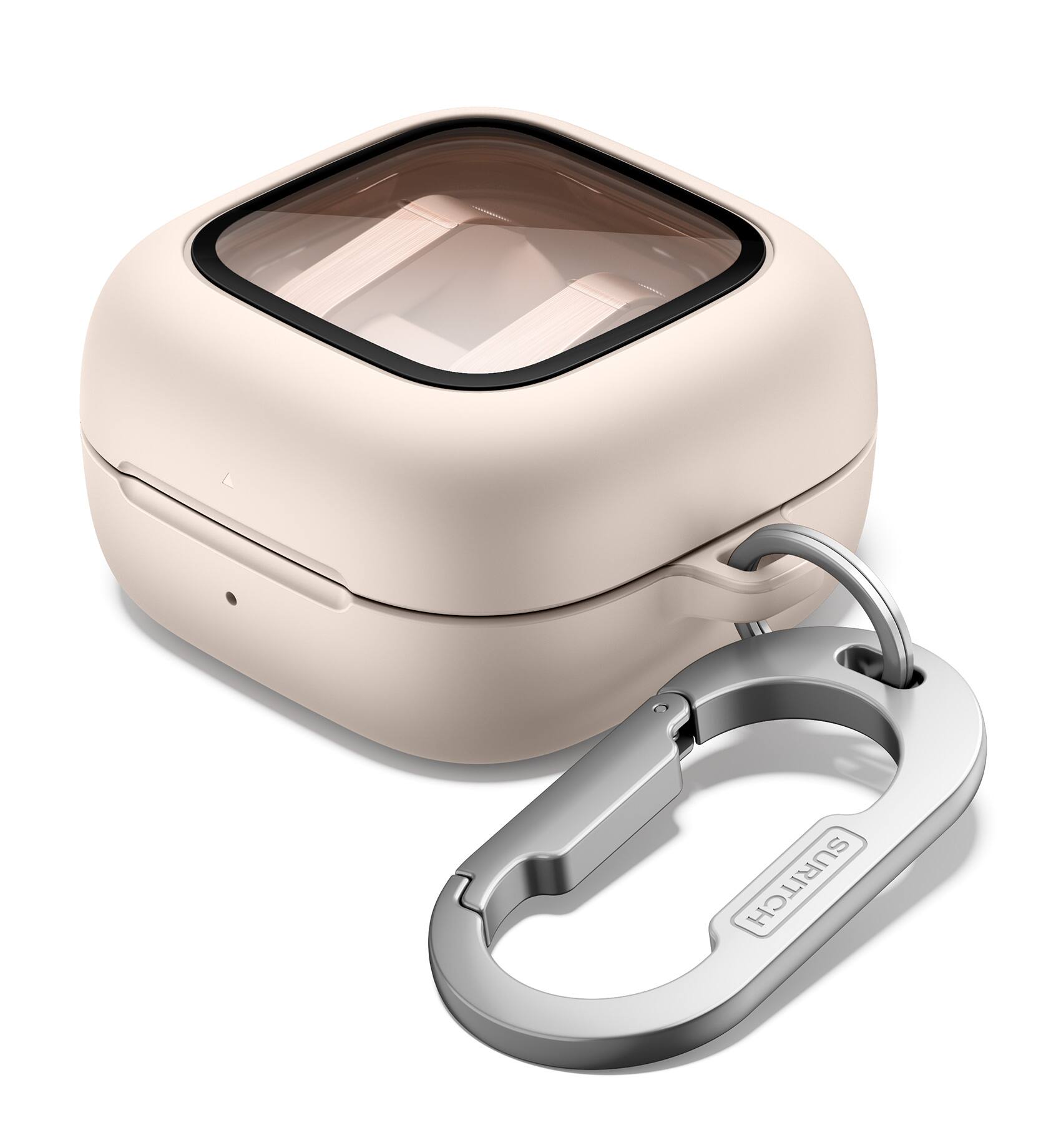 Angle. SURITCH - Headphone Case for Samsung Galaxy Buds 4 Pro /Galaxy Buds 4 (2026),Bumpe Shockproof Cover with Magnetic Lock & Carabiner - Pink.
