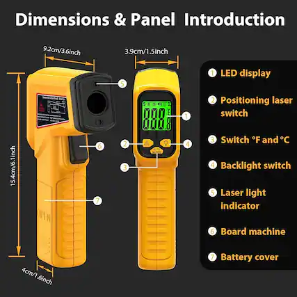 **Dimensions & Panel Introduction**
- **Dimensions:**
- Height: 15.4cm/6.1inch
- Width: 9.2cm/3.6inch
- Depth: 3.9cm/1.5inch
- Thickness: 4cm/1.6inch
- **Panel Introduction:**
1. LED display
2. Positioning laser switch
3. Switch °F and °C
4. Backlight switch
5. Laser light indicator
6. Board machine
7. Battery cover